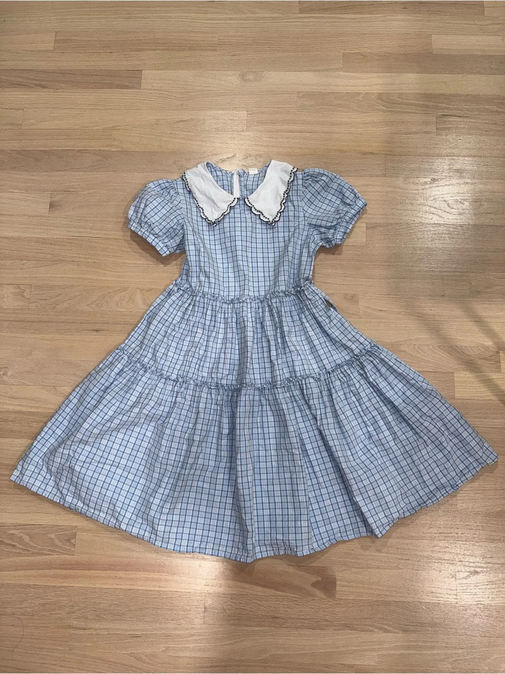 Blue Checked Girls' Dress with White Peter Pan Collar